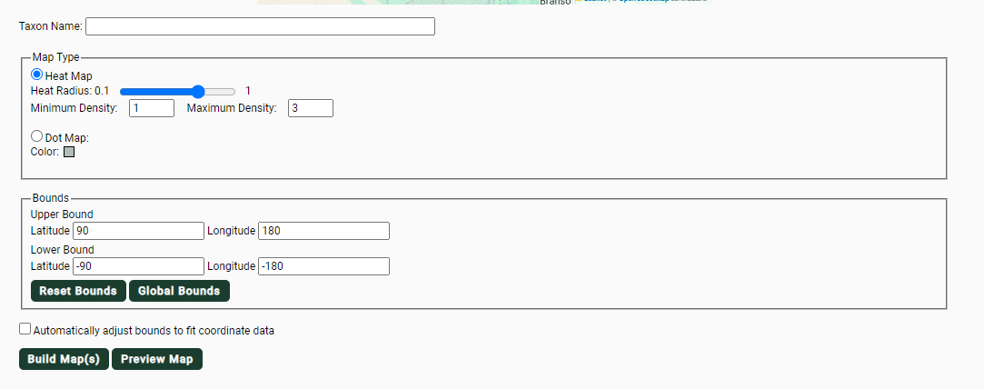 Screenshot of Available Criteria for Taxon Profile Map Tool