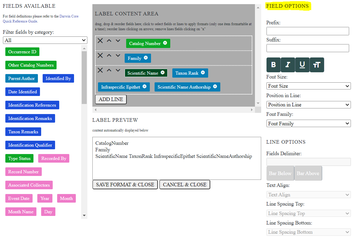 Field Options for Label Customization